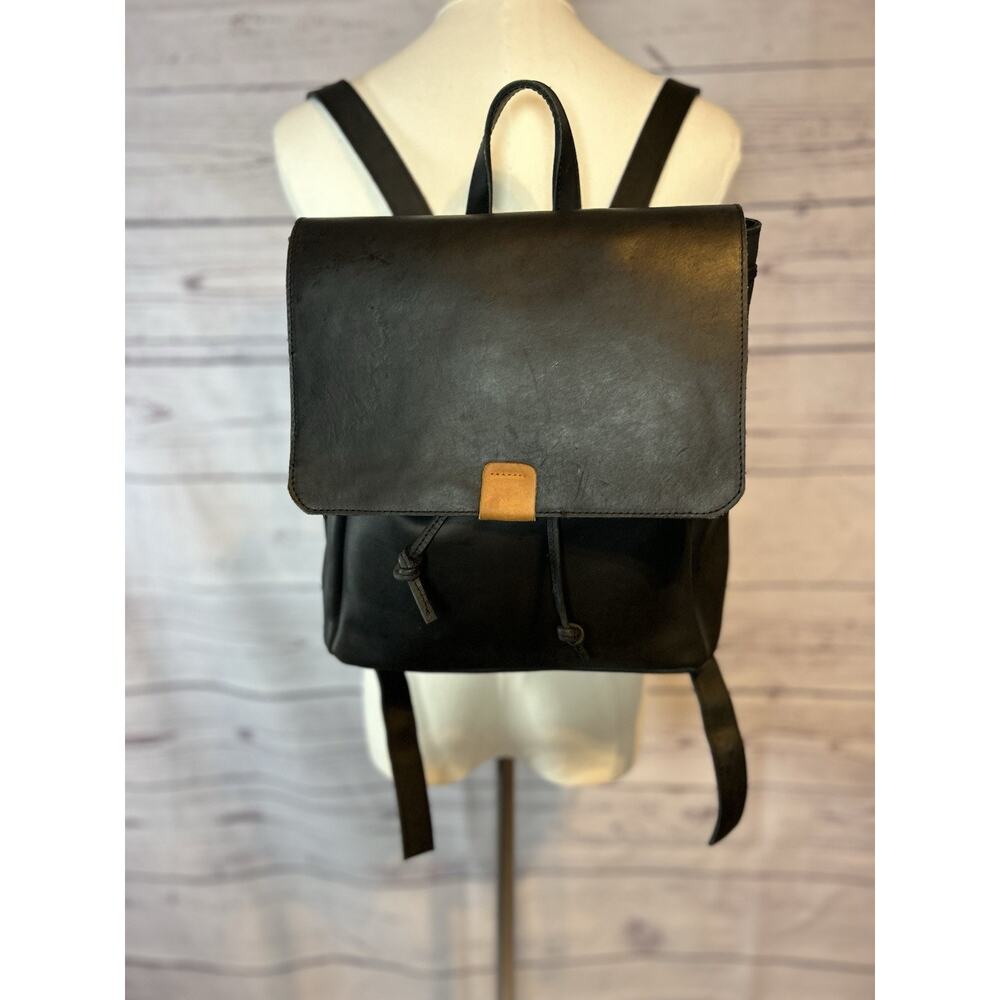 ABLE Black Leather Backpack with Tan Accent – Adjustable Straps, Scratch Detail